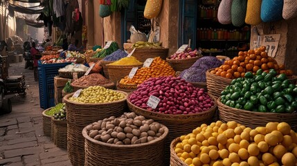 Obraz premium Vibrant Market Scene Colorful Produce and Spices in Baskets