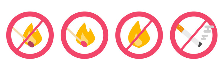 Smoke open fire flame forbidden sign icon vector graphic illustration set flat cartoon, red hazard caution symbol for prohibited cigarette and match stick, safety security warning image clip art
