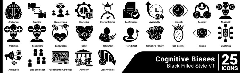 Cognitive Biases icon set 25 in Black Filled style © Jagat Kreasi