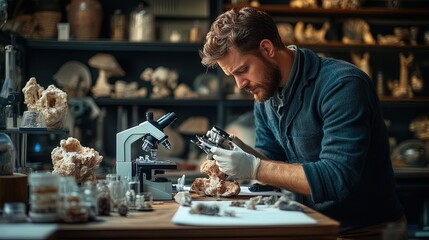 Biologist working with animal specimens in a conservation lab, microscope and lab setup 