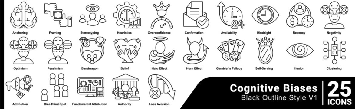 Cognitive Biases icon set 25 in line style