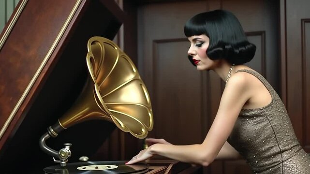 A rebellious 1920s flapper with bobbed hair and dark lipstick leans against a phonograph.