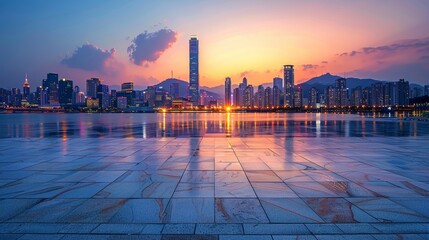 Sustainable Development Initiative at evening, panoramic view emphasizing eco-conscious style and recycled material pavement with natural tones.