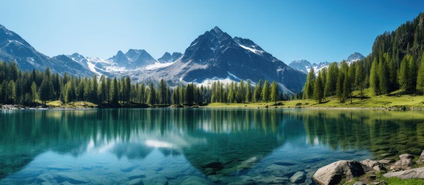 Panoramic view of a serene mountain lake surrounded by evergreen trees and snow-capped peaks under a bright blue sky reflecting in the water