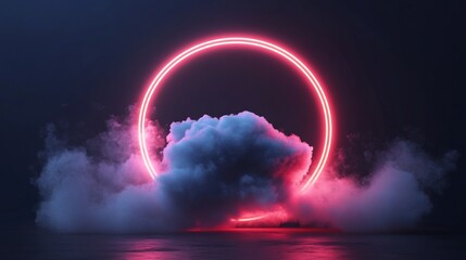 Glowing neon ring encircles smoke cloud.