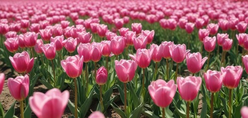 Obraz premium A field of gorgeous pink tulips swaying gently in the breeze on a sunny day , blooming flowers, natural beauty, sunny day