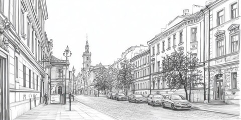 Obraz premium A Sketch of a City Street with Old Buildings and Cars