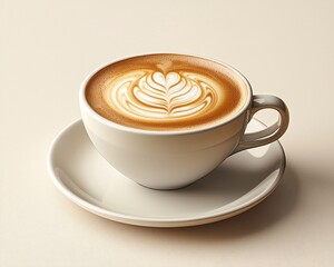 Latte art in a cup on saucer.