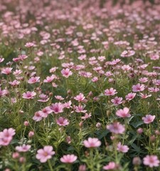 Fototapeta premium A field of soft pink wildflowers swaying gently in the breeze, floral arrangement, soft focus, serene atmosphere