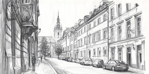 Fototapeta premium A Pen Sketch Of A European City Street Scene