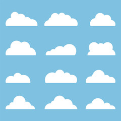 Clouds, set of isolated white clouds on a blue background. Vector, cartoon illustration. Vector.