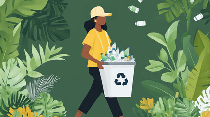 Person carrying recycling bin full of plastic bottles in nature