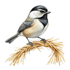 Obraz premium A charming black-capped chickadee perched on a rolled straw bundle, wearing a small woven straw hat. This whimsical illustration showcases rustic charm and delicate detail, blending nature and creativ