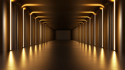 Fototapeta premium Dark Corridor with Golden Light Strips