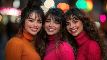 Obraz premium Three Smiling Women in Colorful Knitwear Against a City Lights Background