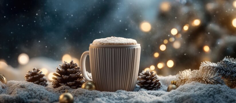 Warm coffee cup with frothy topping placed on snowy surface surrounded by pinecones and golden ornaments with blurred festive lights background