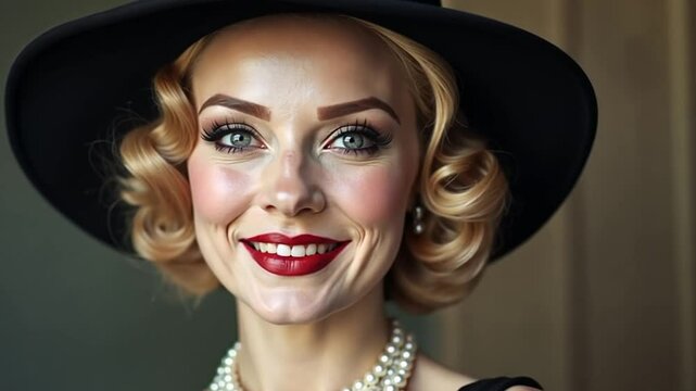 Close-up portrait of a confident flapper woman, with pearls, cloche hat, and smoky-eye makeup, embodying Jazz Age independence.