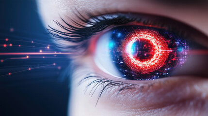 Close up of futuristic eye with digital elements and red glow, symbolizing surveillance