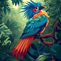 Obraz premium Vibrant Tropical Parrot: A dazzling parrot with vibrant blue, orange, and green plumage perches on a branch amidst a lush, tropical jungle.