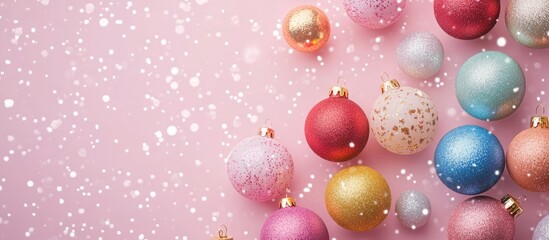 Festive flat lay of multicolor Christmas ornaments on light pink background, scattered with snow, evoking cozy holiday spirit and celebration.