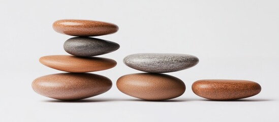 Stacked pebbles in varying shades of brown and grey arranged in ascending order from left to right on a white background symbolizing stability and balance.