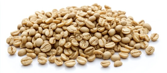 Raw green coffee beans scattered on a white surface, featuring various shades of light brown and beige, with some beans overlapping slightly.