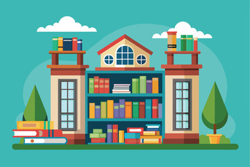 The cartoon library features vibrant books on shelves and neatly arranged stacks outside, surrounded by trees, Library Customizable Cartoon Illustration