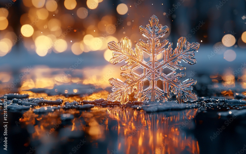 Poster Sparkling ice crystal snowflake on snowy ground with bokeh lights.