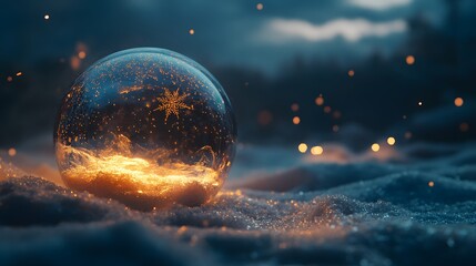 Illuminated Glass Orb Rests on Snowy Ground