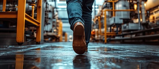 Close up of a man's foot in polished leather shoe stepping forward on reflective floor in spacious industrial factory with yellow equipment and pipes