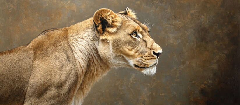 Dramatic side profile of a lioness against a muted brown background showcasing her strong features and elegant demeanor with soft lighting. - Powered by Adobe