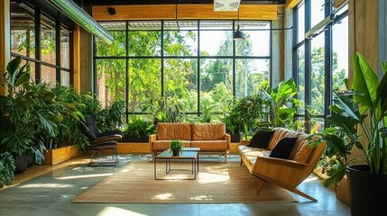 Fototapeta premium Modern Sunlit Lounge with Leather Sofas Lush Greenery and Large Windows