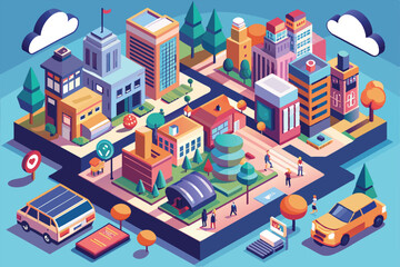 Fototapeta premium The colorful city landscape features diverse buildings, parks, and lively pedestrians engaging in various activities, Life in a city Customizable Isometric Illustration