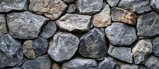 Obraz premium Gray and black stone wall texture featuring varied rock shapes and sizes creates a natural background ideal for design projects and banners.