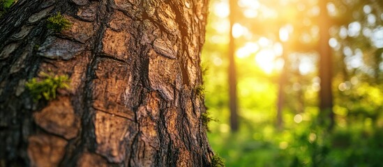 Obraz premium Close up of textured tree bark in warm hues with vibrant green foliage in soft focus sunlight, highlighting nature's beauty and sustainability.