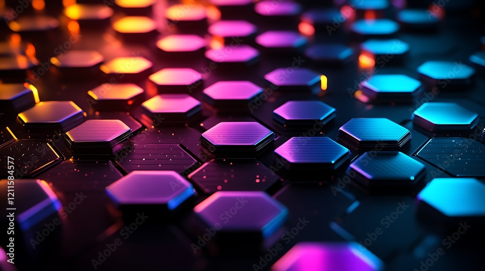 Wall mural a dark background with an abstract grid of glowing hexagon