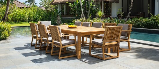 Fototapeta premium Bamboo outdoor dining set featuring a natural wood finish positioned around a rectangular table with comfortable grey cushions in a serene garden setting.