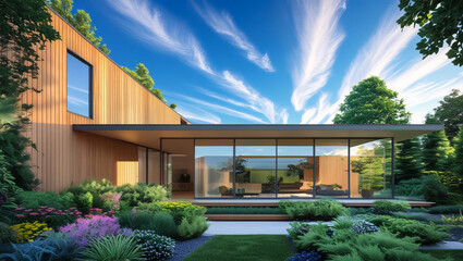 Fototapeta premium 3d visualization of a modern house with a swimming pool. luxury architecture