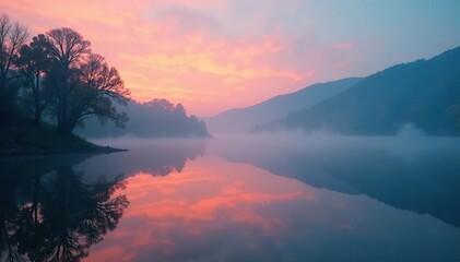 Obraz premium Mysterious fog creeps over a misty lake at dawn, , lake, water