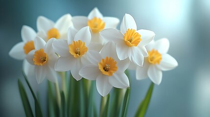 Close-up of a bouquet of white daffodils with yellow centers against a blurred background.