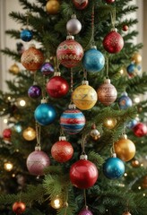 Colorful ceramic and glass ornaments on a vintage Christmas tree, Glass, Ceramic