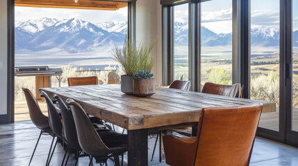Fototapeta premium Modern rustic dining room with wooden table, leather chairs, and panoramic mountain view in a serene, natural setting during daylight