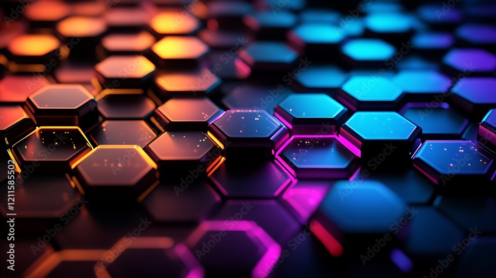 Wall mural a dark background with an abstract grid of glowing hexagon