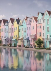 Fototapeta premium Colorful Row of Pastel Houses with Gentle Water Features, lush greenery, water features
