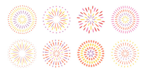 花火のベクターイラストセット。打ち上げ花火のアイコン。カラフルで華やかな光の装飾。