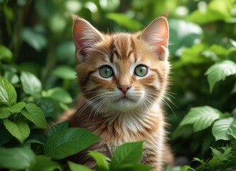 Cozy kitten snuggled up among the soft green leaves, tranquility, green