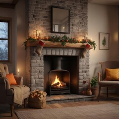 Cozy fireplace with stockings hung by chimney , home decor, fireplace, snowy