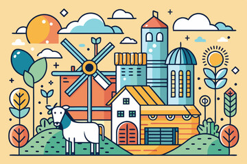 Obraz premium A colorful countryside features a barn, a cow in a grassy area, a sheep, and a windmill surrounded by trees, Linear poster with mill, cow, sheep, barn and harvest,