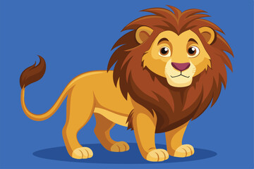 Obraz premium A cheerful cartoon lion stands confidently, showcasing its bright mane and playful demeanor on a blue backdrop, Lion cartoon design vector illustration