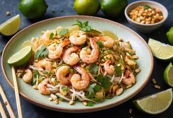 Delicious Pad Thai with Shrimp, Peanuts, and Lime Wedges on a Green Plate
